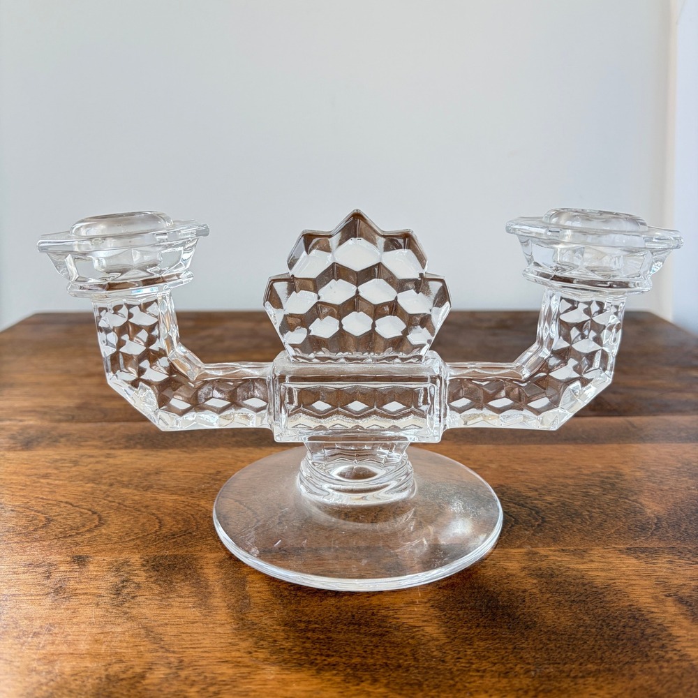 Vintage Double Arm Glass Candelabra Honeycomb Geometric Clear Candle Holder